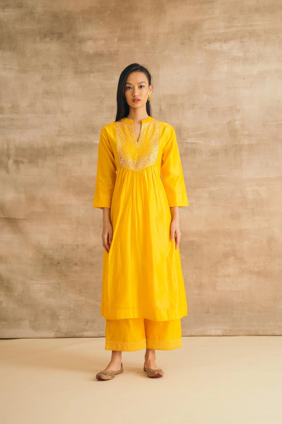 Yellow Mirror Yoke Kurta Set
